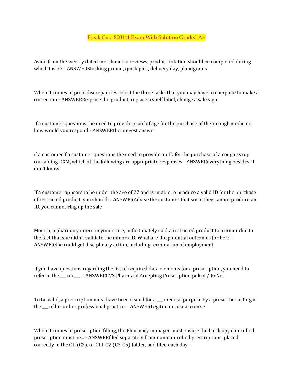 Preview image of Freak Cvs- 800141 Exam With Solution Graded A+ document